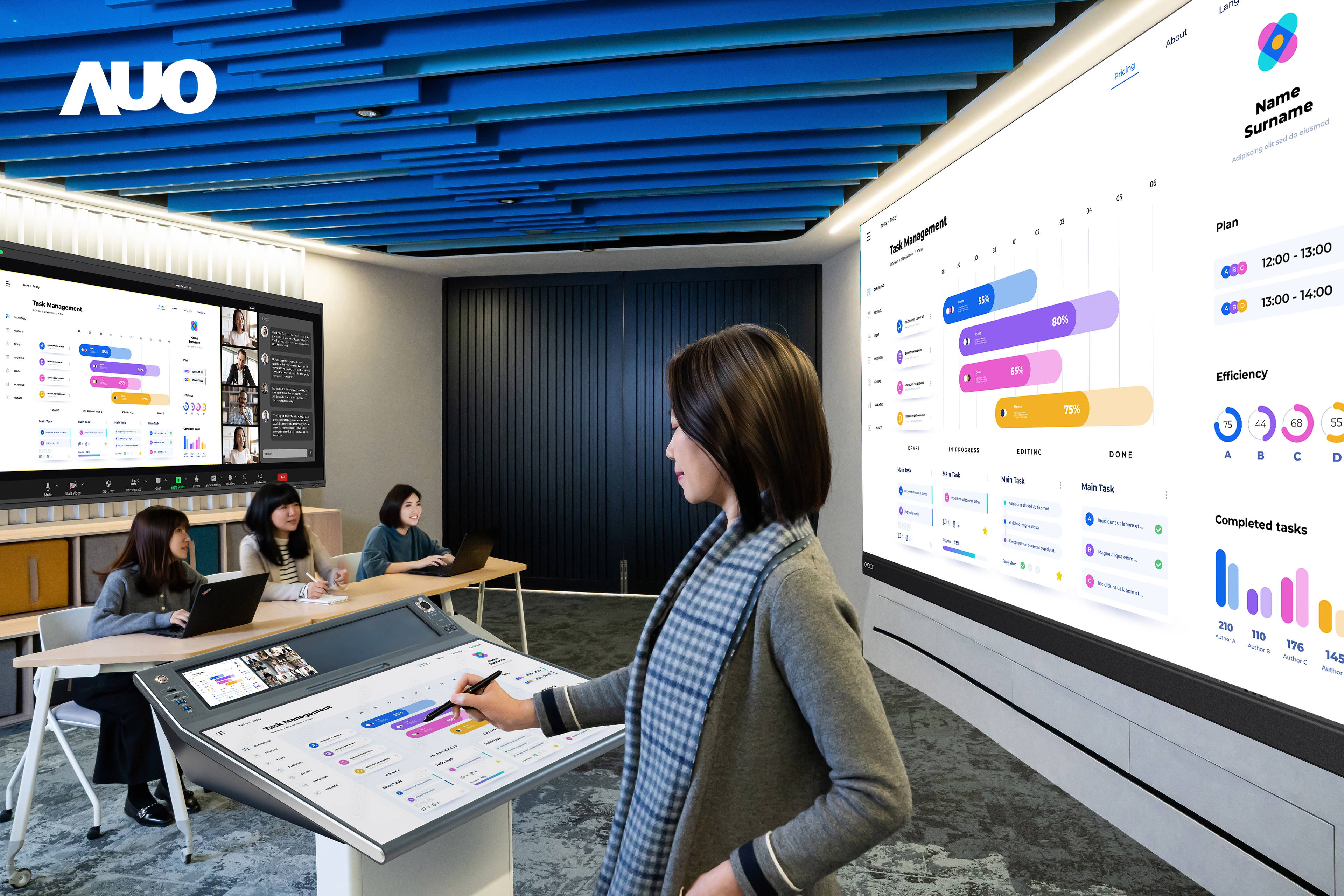 达擎携手Avocor与Rise Vision展示全方位商务领域应用，包含采用模块化设计的138吋一体式All-in-One LED显示器及具21:9超宽比例的92吋交互式电子白板（IFPD），讲者可轻松分享内容，有效提升会议协作效率。
